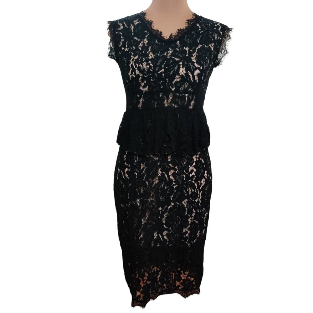 Metisu Womens Little Black Dress Lace Peplum Bodycon Sexy Party New Years sz M